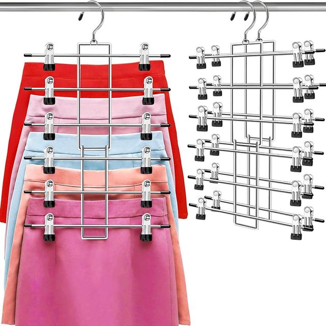 Product image of Pants Hangers with Clips,Space Saving Hanging Closet Organizer-6 Tiers Skirt Hangers with 360° Swivel Hook,Closet Organizer-Clothes Hangers- College Dorm Essentials Apartment Essentials-2 Pack