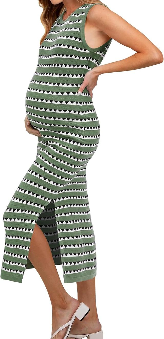 Product image of OUGES Women's 2025 Summer Maternity Dress Knit Sleeveless Crewneck Midi Dress Side Slit Striped Bodycon Sweater Dress