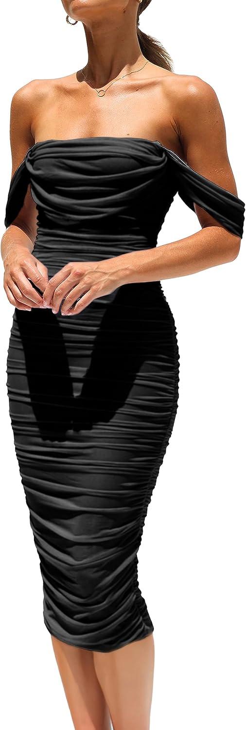 Product image of PRETTYGARDEN Women's Summer Off The Shoulder Dresses Sleeveless Ruched Fitted Cocktail Party Club Midi Bodycon Dress