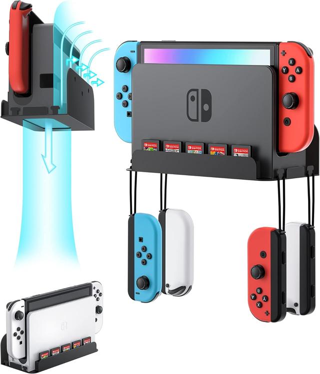 Product image of Wall Mount for Nintendo Switch and Switch OLED, Metal Wall Mount Kit Shelf Accessories with 5 Game Card Holders and 4 Joy Con Brackets, Safely Store Switch Console Near or Behind TV, Black