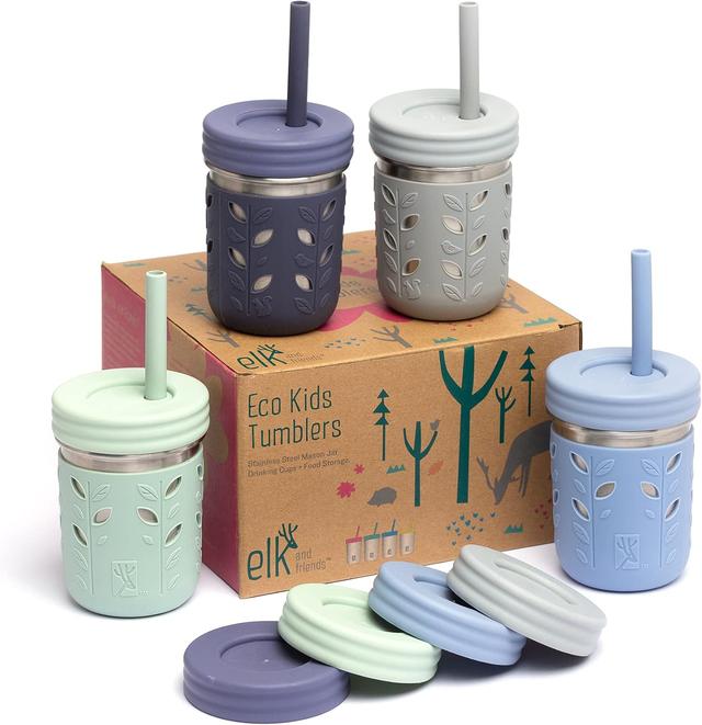 Product image of Elk and Friends Stainless Steel Cups | 10 oz Mason Jar design | Kids & Toddler Cups with Silicone Sleeves & Straws with Stopper | Smoothie Cups