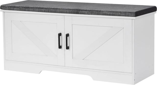 Product image of 2-Tier Storage Bench, Shoe Bench with Padded Seat Cushion, Entryway Bench with 2 Barn Doors, Adjustable Shelf, 13.8" D x 39.4" W x 17.7" H, for Entryway, Living Room, Bedroom, White