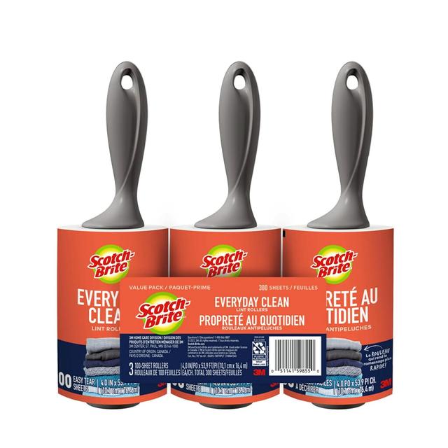 Product image of Scotch-Brite Everyday Clean Lint Roller, 3 Pack, Lint Remover for Pet Hair, Dark Clothes, Furniture, and Dusty Surfaces, Picks Up Fur & Fluff in Your Home, Car & Office, 300 Adhesive Sheets Total