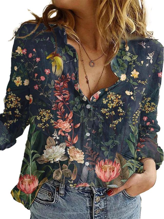 Product image of Womens Boho Floral Cotton Linen Shirt V Neck Button Down Roll Up Long Sleeve Lapel Blouse Tops 2025