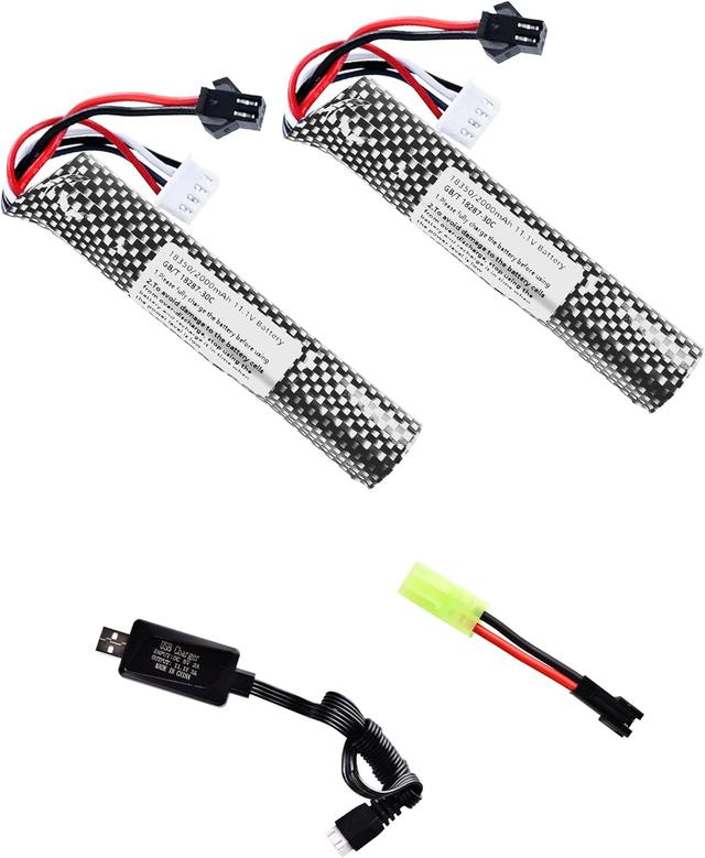 Product image of 11.1v 2000mAh Battery with Charger - Rechargeable Batteries Accessories with SM2P Plug Mini Tamiya Connector for Airsoft Compatible with Gel Ball Blaster Gun,2 pcs