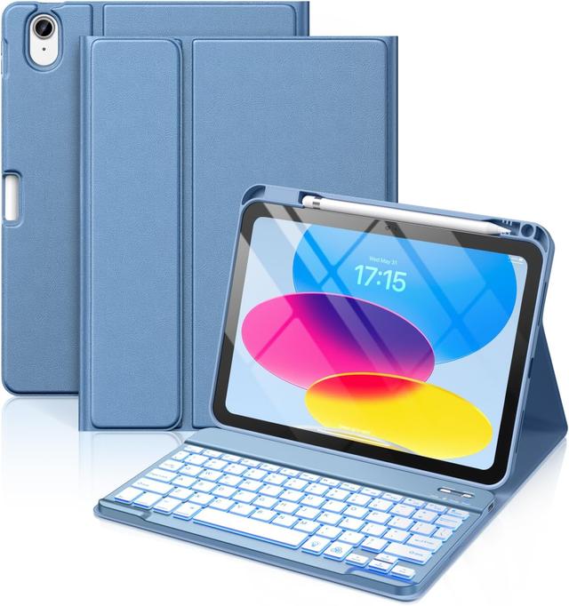 Product image of Hamile for iPad 11th 10th Generation Case with Keyboard - 7 Colors Backlit Wireless Detachable Folio Keyboard Cover with Pencil Holder for iPad 11-inch A16 2025 10th Gen 10.9 Inch 2022 (Blue)