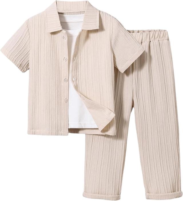 Product image of Boy's 2 Piece Outfits Textured Button Down Short Sleeve Collar Shirts Tops and Elastic Waisted Pants