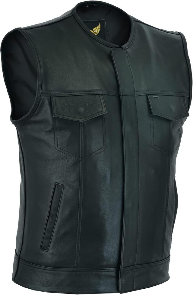 Product image of Leatherick Mens Black Motorcycle Vests - SOA Club & Traditional Paisley Satin Liner Leather Biker Vests