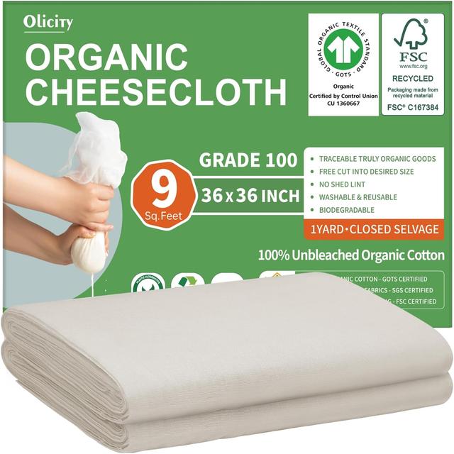 Product image of Organic Cheese Cloths, GOTS Certified, Grade 100, 36x36Inch, Reusable Cheese Cloth with Closed Edges Fabric Fine Mesh Cloth, Unbleached Cotton Muslin Cheesecloth for Straining,Cooking,Crafts - 9 Sq.Ft