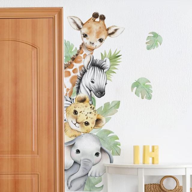 Product image of 44.88 x 11.75 Inch Watercolor Jungle Animal Wall Decals - Forest Safari Elephant Lion Monkey Stickers for Baby Nursery, Playroom, Bedroom, Classroom, Kindergarten Decor