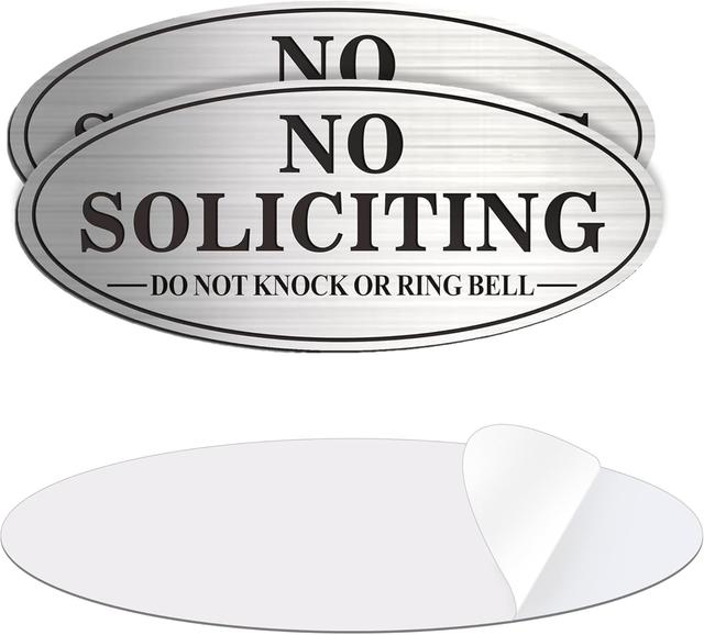 Product image of No Soliciting Sign, 2 Pack Self-Adhesive Aluminum Metal No Solitation Do Not Knock or Ring Bell Sign, 7.0 x 3.0 inches Fade Resistang Signs for Office and Home (Brushed Nickel/Black)