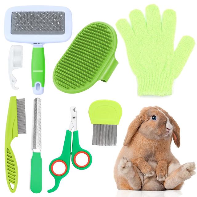 Product image of VCZONE 8 Pcs Small Animal Grooming Kit, Pink with Pet Nail Clipper and File, Flea Comb, Pet Shampoo Bath Brush, Pet Shedding Slicker Brush, Bath Massage Glove, Cleaning Comb (Green)