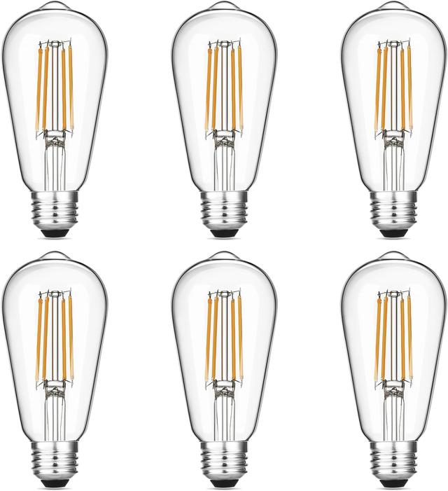 Product image of Vintage LED Edison Bulbs 6W, Equivalent 60W Incandescent, Warm White 2700K, ST58 Antique LED Filament Bulbs with 90+ CRI, E26 Medium Base,Dimmable, Clear Glass, Pack of 6