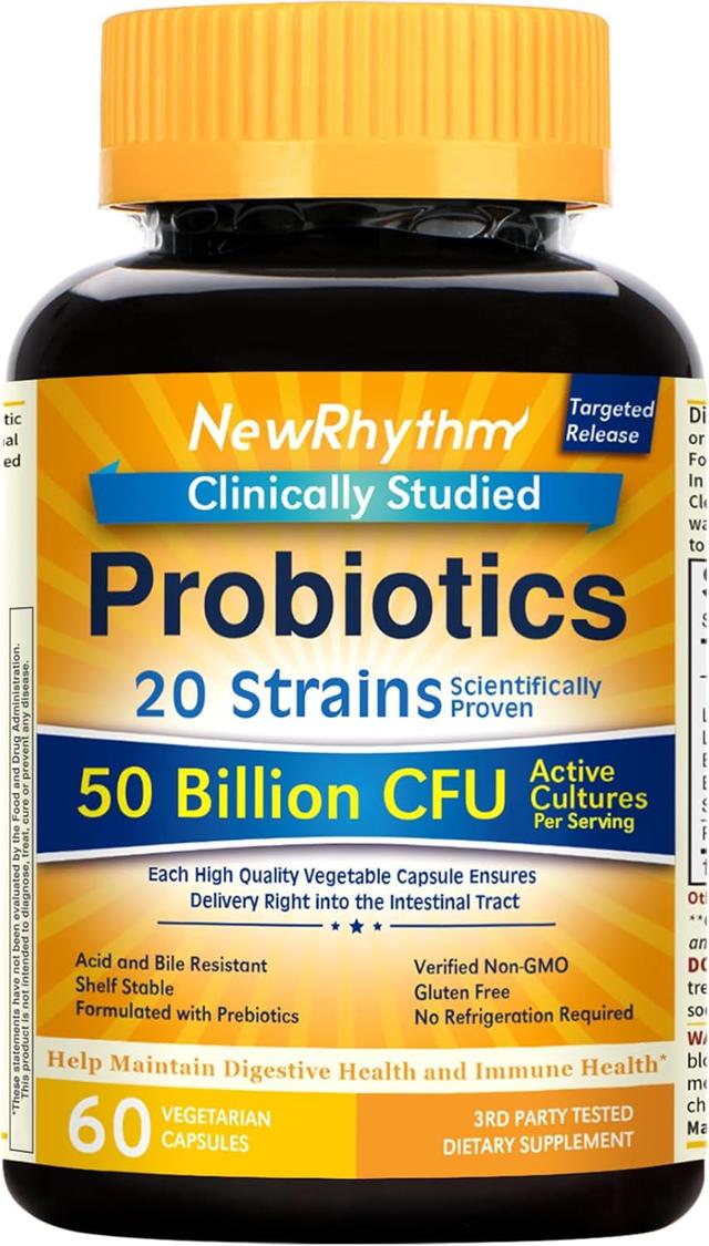 Product image of NewRhythm Probiotics 50 Billion CFU 20 Strains, 60 Veggie Capsules, Targeted Release Technology, Stomach Acid Resistant, No Need for Refrigeration, Non-GMO, Gluten Free