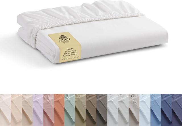 Product image of Linen Home 100% Cotton Percale Weave Fitted Sheet, Queen Size, White, 1 Deep Pocket Fitted Sheet, Fits Mattress Upto 16" Crisp and Cool Strong Bed Linen, 60"X80"+15"