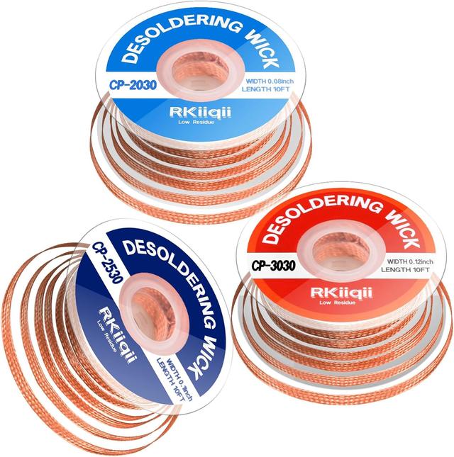 Product image of 3pcs Solder Wick Braid with Flux, Upgrade Desoldering Wick (0.08/0.1/0.12in, 10ft Each) No Clean Low Residue Soldering Wick, Coated Braid for Electronics Component Repair, PCB Circuit Board