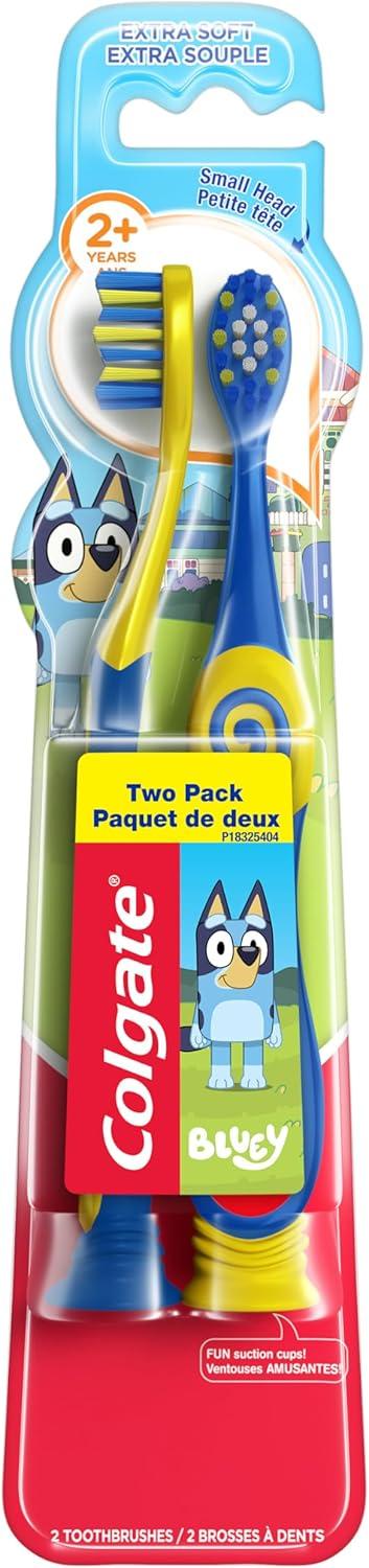 Product image of Colgate Bluey Extra Soft Toothbrush for Kids, Kids Toothbrush Pack with Built in Suction Cup Toothbrush Holder, Designed for Children Ages 2 and Up, Extra Soft Bristles, 2 Count (Pack of 1)
