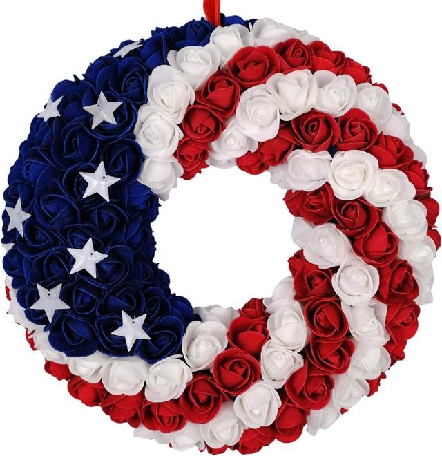 Product image of idyllic July 4th Wreath Patriotic Americana Wreath Boxwood Handcrafted Memorial Day Wreath Festival Garland Decoration Front Door Wall Home Decor (Blue)