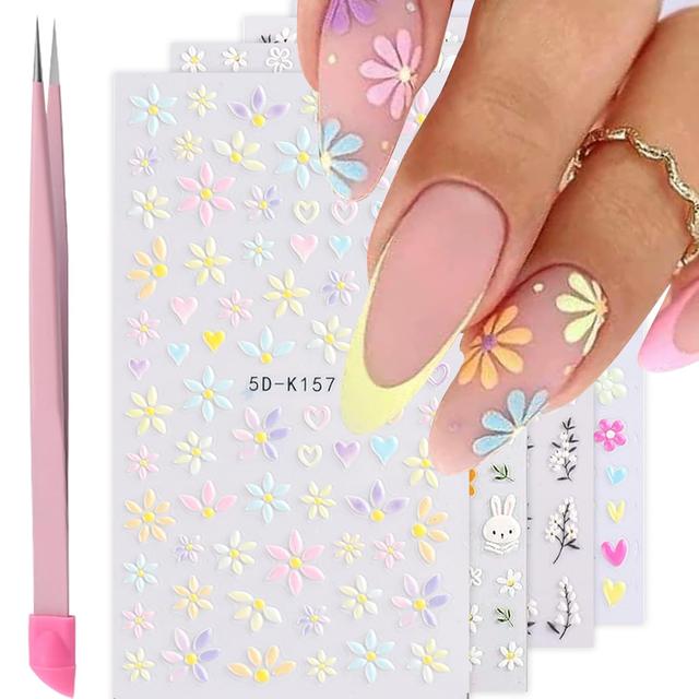 Product image of Flower Nail Art Stickers Decals 5D Embossed Nail Decals Spring Summer Daisy Nail Art Design Self-Adhesive Nail Supplies Accessories 3D Flower Nail Stickers for Women Nail DIY Decoration