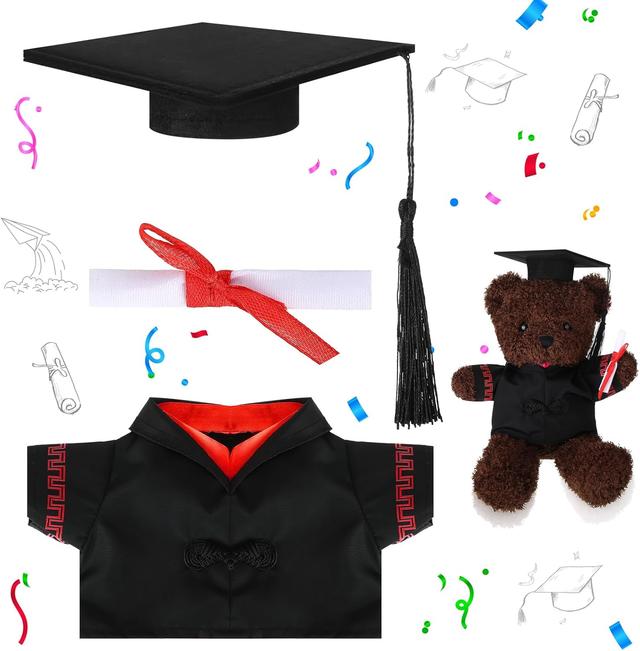 Product image of Roshtia Graduation Bear Clothes Graduation Cap and Gown Outfit Fits Most 8" - 12" Inch Plush Bear Make Your Own Plush Stuffed Animal Outfit Dolls Toy Clothes for Graduation Party Gift (Red, Black)