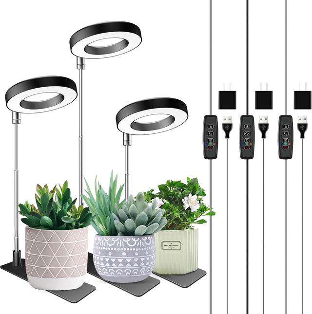 Product image of Plant Grow Light, 48 LEDs Full Spectrum Grow Lights for Indoor Plants, Height Adjustable Small Halo Grow Light with Base, 3 Optional Spectrums, Auto Timer 3/9/12Hrs, 10 Brightness, 3 Pack