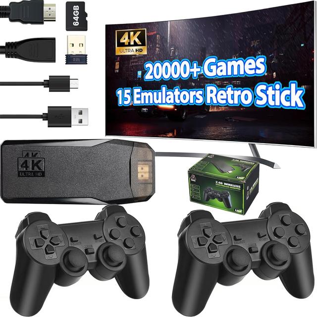 Product image of Wireless Retro Game Console Stick, 4K HDMI Output Nostalgia Plug & Play Retro Video Gaming Stick Built-in 20000+ Classic Games with 15 Emulators and Dual 2.4G Wireless Controller（64GB Memory Card）