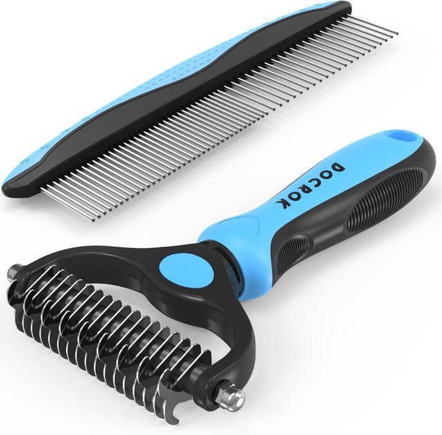 Product image of Pet Grooming Combo - Blue Deshedding Brush with Metal Comb for Detangling and Dematting Long, Matted Fur on Cats and Dogs