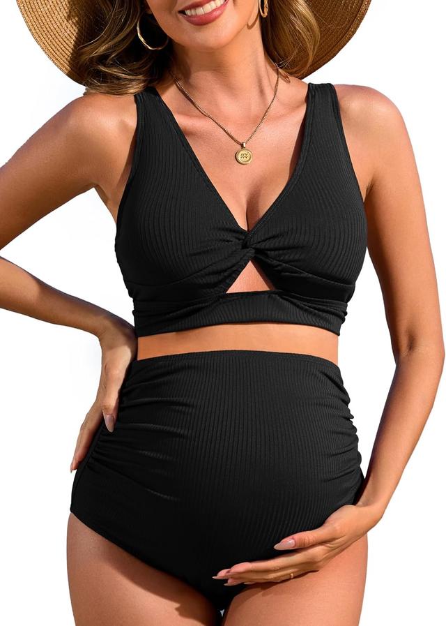 Product image of Charmo Maternity Swimsuit Ribbed High Waist Pregnancy Bikini Sets Twist Cutout Front Two Piece Bathing Suit Swimwear