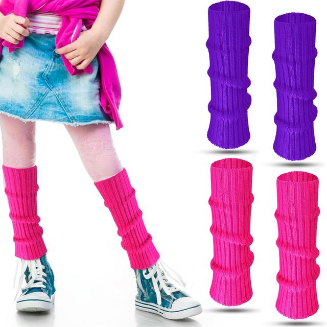 Product image of 2 Pairs 80s Neon Leg Warmers for Girls Toddler Knit Ribbed Leg Socks for 1980s Halloween Party Cosplay Costume Accessory