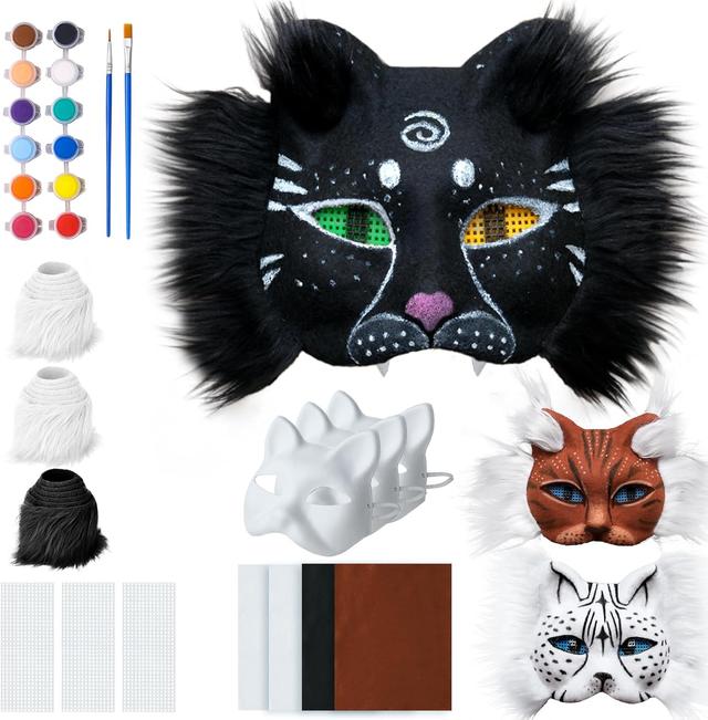 Product image of Generic 3-Piece Felt Cat Mask Starter Kit, DIY Fox Masks for Kids, White Blank Cat Masks for Painting, Animal Cosplay