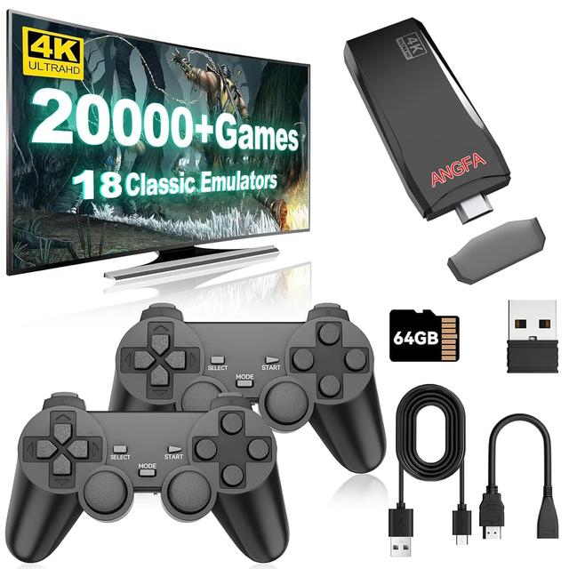 Product image of ANGFA Wireless Retro Game Console Stick, Upgrade Retro Video Gaming Stick Built in 20000+ Games with 18 Emulators, 4K HDMI Output with 2 Pack 2.4G Wireless Controllers for Nostalgia Gifts- 64GB