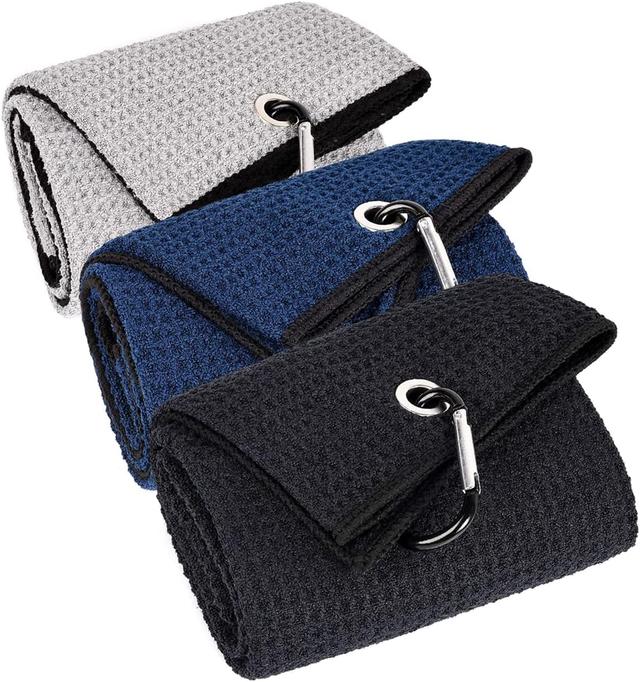 Product image of 3 Pack Large Golf Towels, 16" x 24" Tri-Fold Portable Microfiber Fabric Waffle Pattern Golf Towel for Golf Bag with Carabiner Clip to Quickly Remove Sand, Mud, Dirt and Sweat