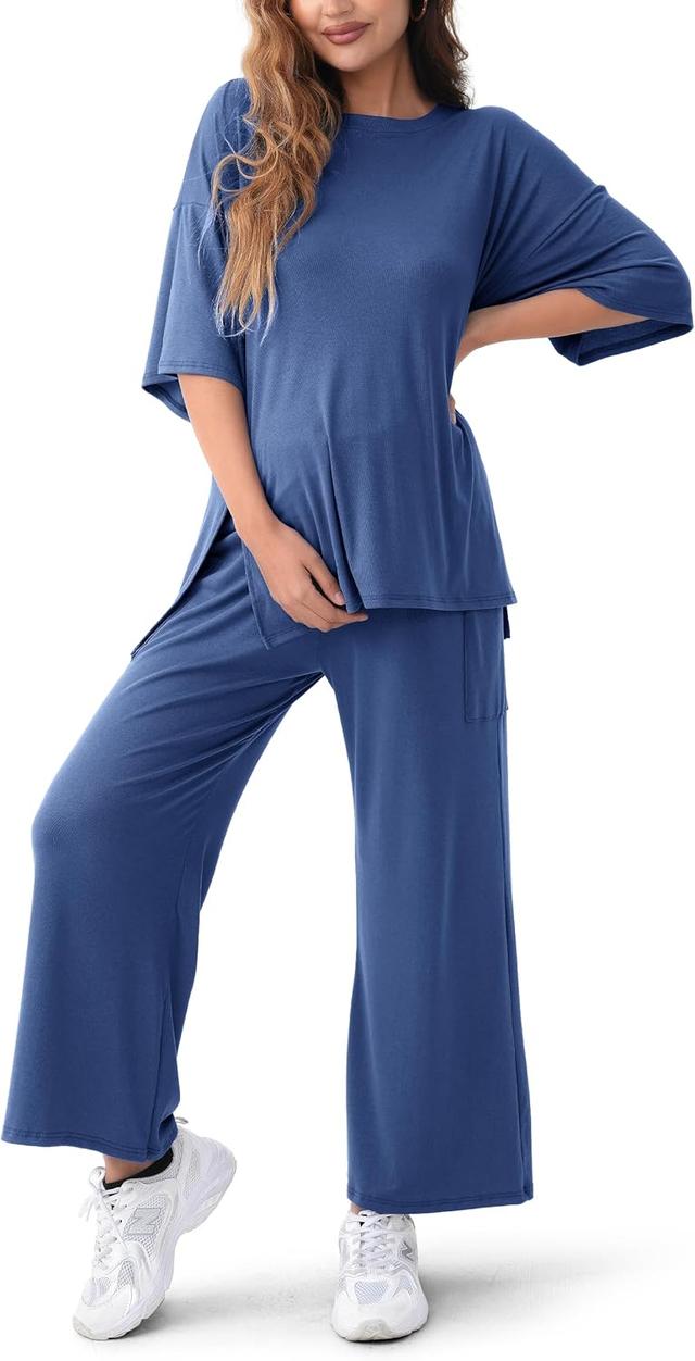 Product image of Maternity Lounge Set 2 Piece Outfits Matching Short Sleeve Top Adjustable Long Pants Pregnancy Summer Loungwear