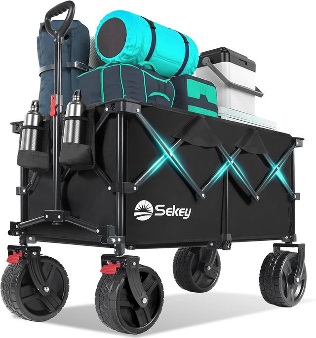 Product image of Collapsible Wagon Cart with Big All-Terrain Beach Wheels, Foldable Heavy Duty Wagons with Cup Holders, Utility Carts for Camping, Garden, Outdoor, Grocery, Sports. Black