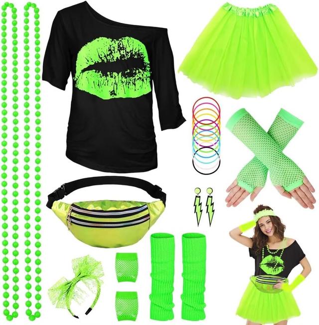 Product image of WILDPARTY 80s Costume Accessories for Women, T-Shirt Tutu Fanny Pack Headband Earring Necklace Fishnet Gloves Legwarmers