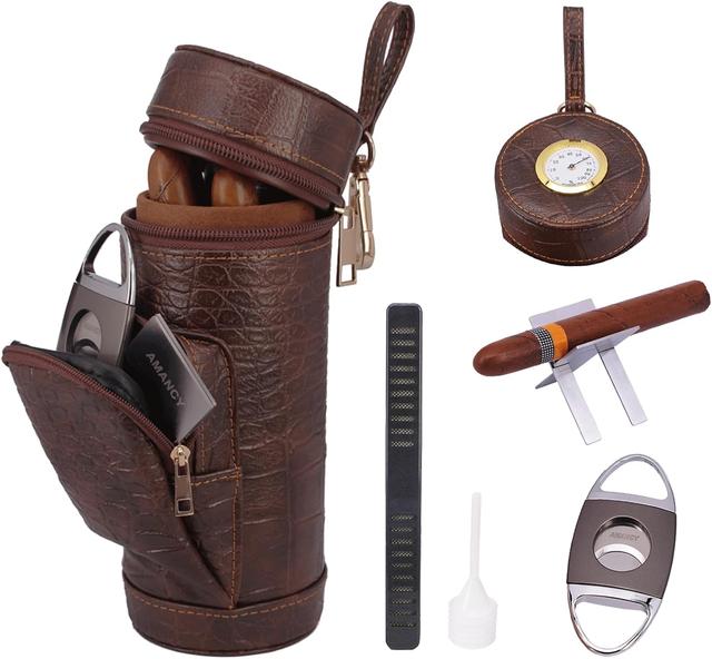 Product image of AMANCY Classy Cylindrical Hand Carry Cigar Case with Premium Cutter and Rest, Cedar Wood Lined Travel Cigar Holder Humidor kit with Built-In Hygrometer, Long Humidifier, and Dropper
