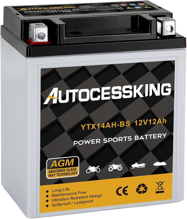 Product image of YTX14AH-BS 12V 12Ah Battery, Rechargeable Sealed AGM Battery Maintenance Free Powersport Replacement Battery for Motorcycle, ATV and Scooter