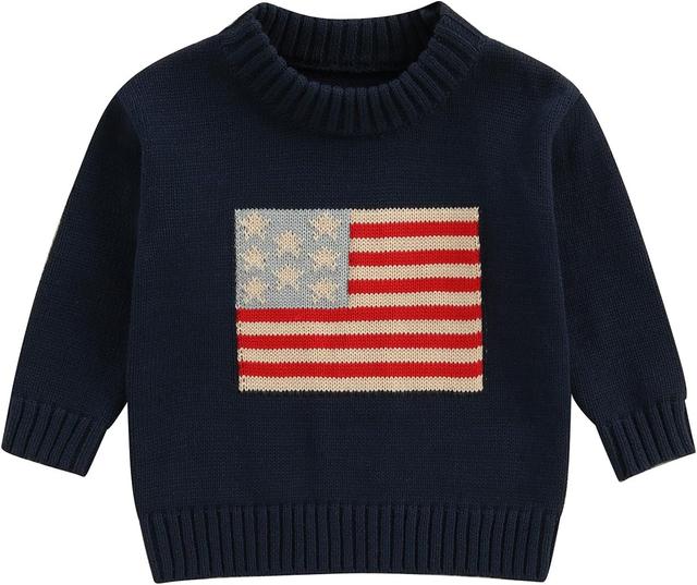 Product image of Toddler Baby Boy Girl 4th of July Outfit Long Sleeve Crewneck American Flag Sweater Memorial Day Patriotic Pullover Knit Tops