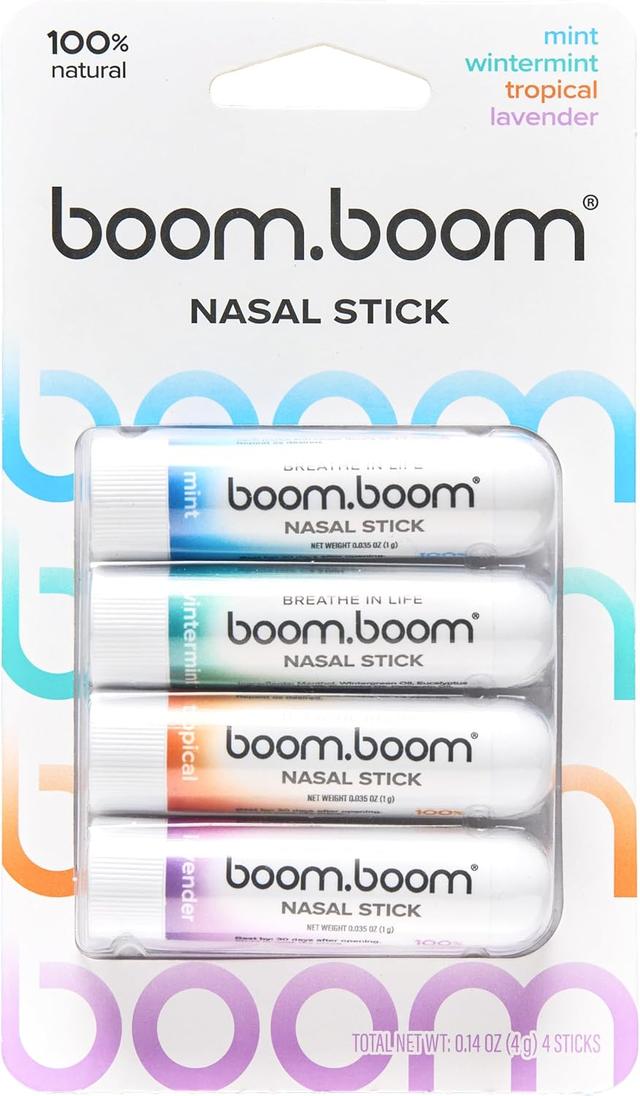 Product image of BoomBoom Nasal Stick (4 Pack) | Vapor Flow Technology | Better Breathing + Natural Focus | Cool Refreshing Sensation | Premium Essential Oils + Menthol Inhaler (Mint, Wintermint, Tropical, Lavender)