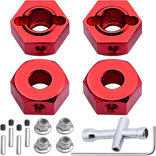 Product image of HobbyPark Aluminum 12mm Hex Wheel Hubs Adapters with Locknuts for Arrma Granite Voltage MEGA 2WD Granite 4X4 Big Rock Senton, Set of 4 (Red)