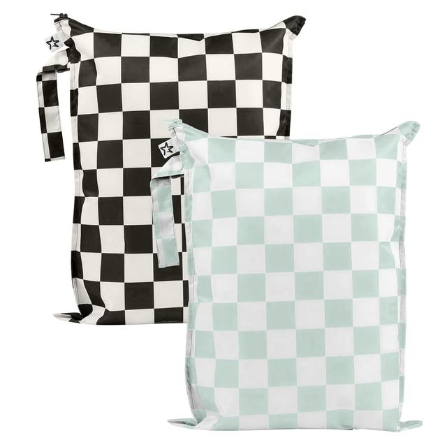 Product image of Tiny Twinkle Mess-Proof Waterproof Wet Dry Bag | 2-Pack Reusable Wet Bags for Swimsuits & Baby Clothes | Leakproof Wet Bag for Travel & Diaper Changes for Baby (Black, Green Checkers)