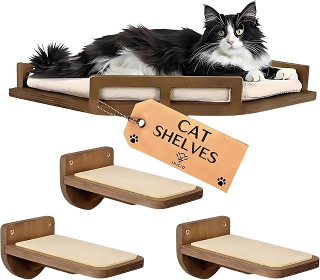 Product image of INICIO Cat Wall Shelves - Modern and Durable 3 Step Cat Furniture for Wall - Stylish Birch Floating Shelf for Cats up to 17lbs - Wooden Corner Shelves with Cushioned Perch - Brown