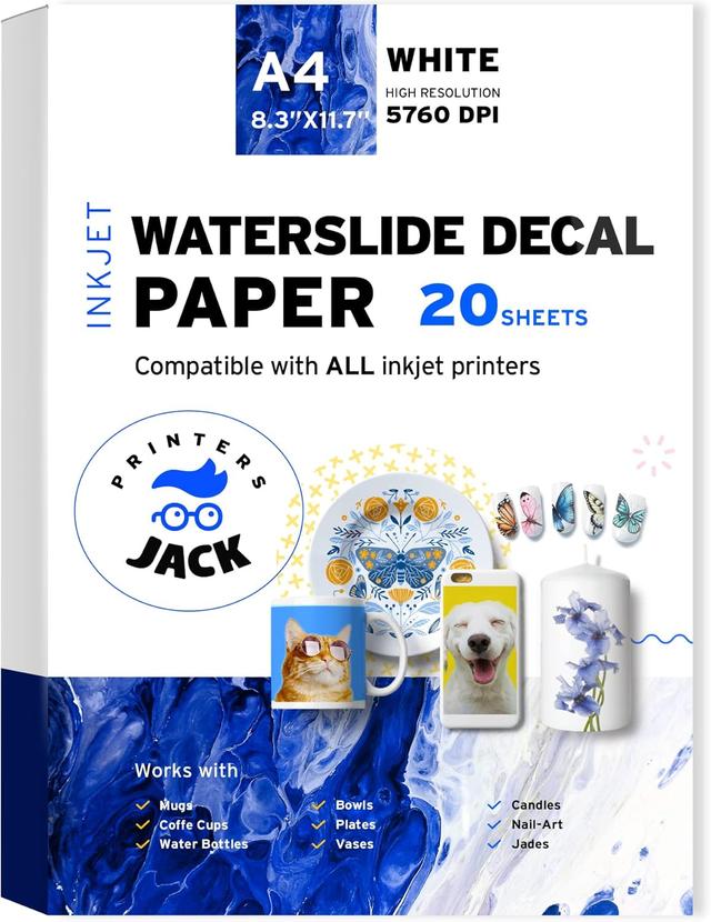 Product image of Printers Jack Water Slide Decal Paper Inkjet WHITE 20 Sheets A4 Size Premium Water-Slide Transfer Paper Printable Water Slide Decals for Tumblers, Mugs, Glasses DIY
