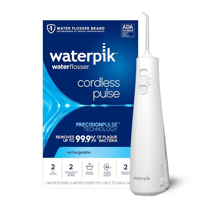Product image of Waterpik Cordless Pulse Rechargeable Portable Water Flosser for Teeth, Gums, Braces Care and Travel with 2 Flossing Tips, Waterproof, ADA Accepted, WF-20 White, Packaging May Vary