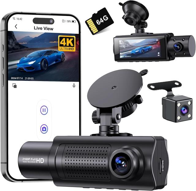 Product image of Miden X5 4K WiFi Dash Cam Front and Rear Inside, 2160P+1080P+1080P FHD 3 Channel Dash Camera for Cars, 360° All Sides Dashcam, Free 64G SD Card, G-Sensor, WDR, Night Vision, 24H Parking Monitor