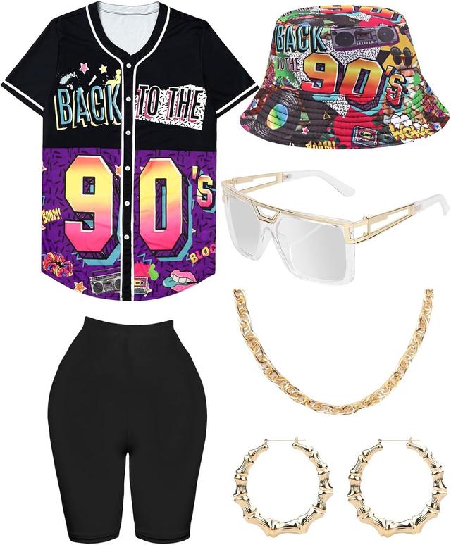 Product image of 80s 90s Outfit for Women, Unisex Hip Hop Costume Baseball Jersey Shirt Yoga Pants Bucket Hat Gold Chain Rapper Accessories