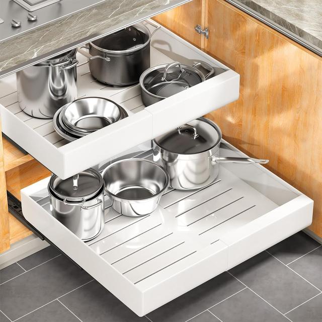 Product image of Pull out Cabinet Organizer, Expandable(12"-20") Heavy Duty Slide out Drawers Fixed with Adhesive Nano Film for Pots, Roll out Shelf Storage for Kitchen Base Cabinet Organization(White)