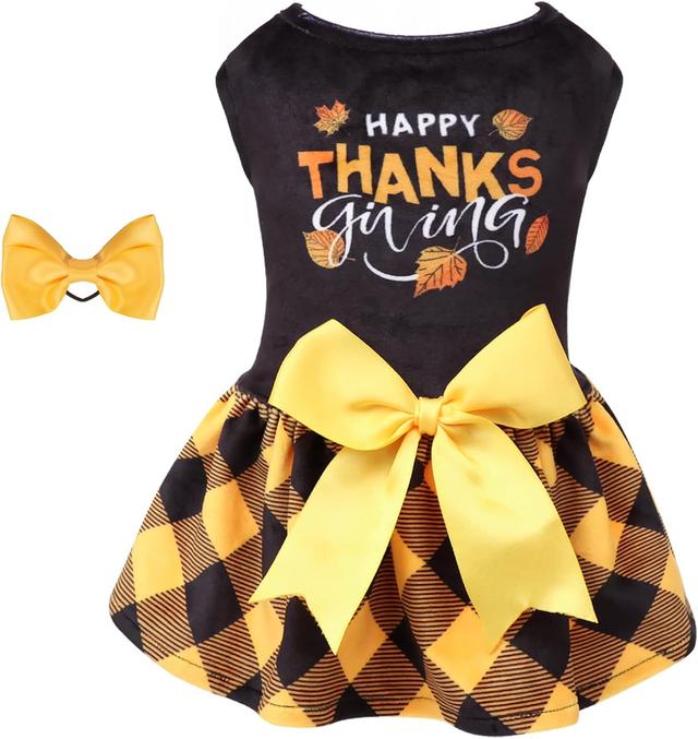 Product image of CuteBone Happy Thanksgiving Day Dog Fall Dress Costume Velvet for Small Dogs Girl Puppy Dresses Yellow Plaid Dog Clothes CVA03M-D