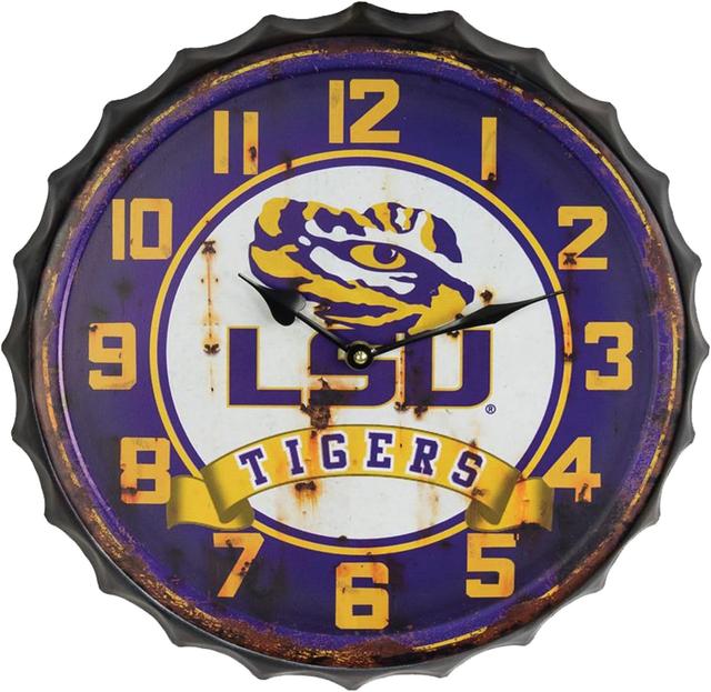 Product image of Hanna's Handiworks LSU Louisiana State University NCAA Bottle Cap Clock Vintage Metal Wall Art – Show Your Tigers School Spirit in Your Man Cave, Dorm, Bedroom, College Apartment with LSU Fan Décor