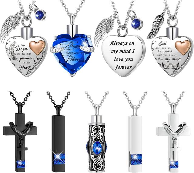 Product image of 9 Pcs Heart Cross Cubic Urn Necklace for Ashes Keepsake Cremation Jewelry Stainless Steel Necklace Crystal Memorial Pendant Heart Locket Ashes Jewelry for Women Men Loved Ones, 9 Styles